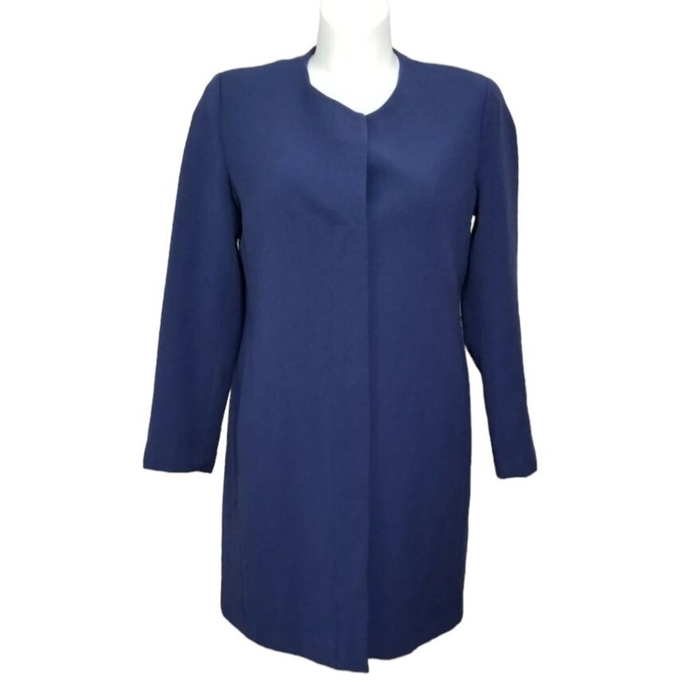 Iman‎ Global Chic Navy Blue Collarless Longline Snap Front Coat Jacket L Career